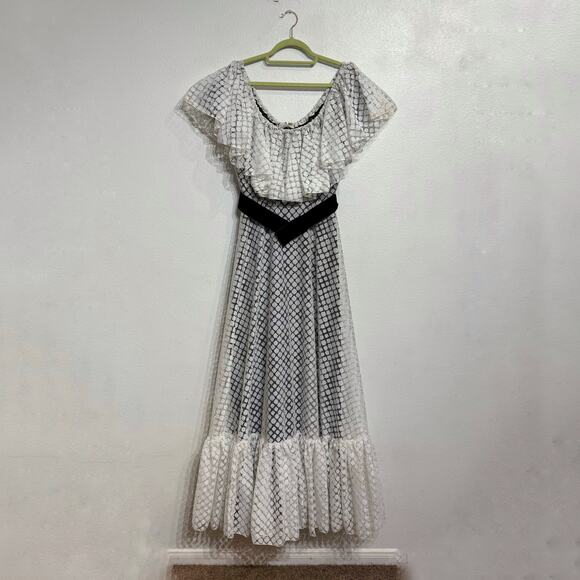 Les Wilk White Lace Ruffle Overlay Velvet Belted 70's Maxi Dress Sz M - Picture 2 of 11